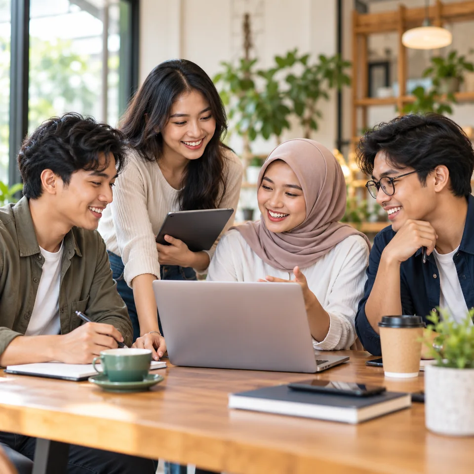 Empat peserta belajar dan berdiskusi bersama menggunakan laptop
