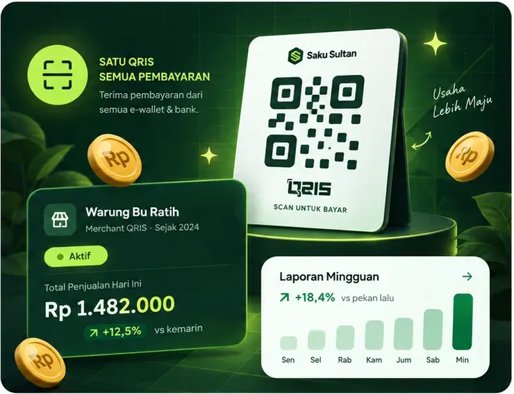 Konter usaha dengan standee QRIS Saku Sultan dan laporan penjualan mingguan