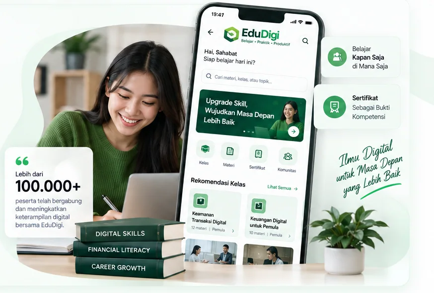 Belajar kapan saja, materi digital, rekomendasi kelas, dan sertifikat bersama EduDigi.