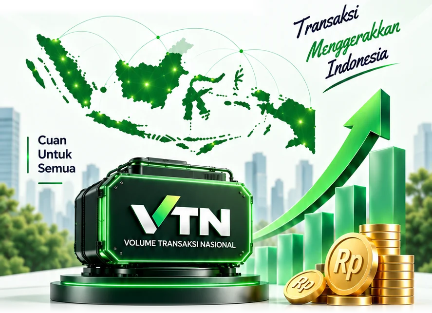 Peta Indonesia yang terhubung, mesin VTN, grafik pertumbuhan, dan tumpukan koin rupiah — transaksi menggerakkan Indonesia, cuan untuk semua.